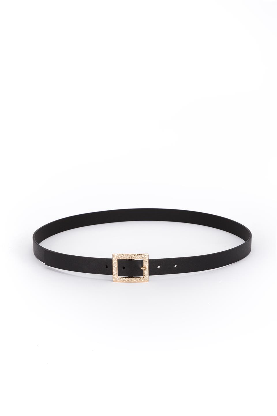 Tırtıklı Kare Toka İnce Kemer Siyah