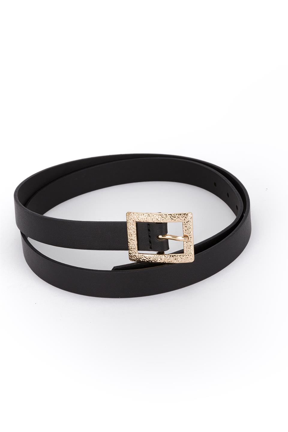 Tırtıklı Kare Toka İnce Kemer Siyah