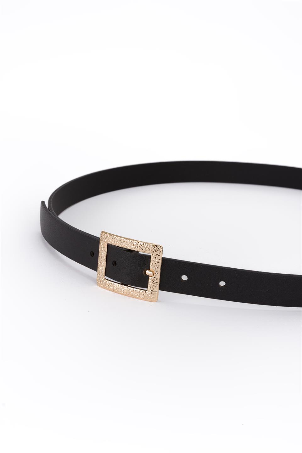 Tırtıklı Kare Toka İnce Kemer Siyah