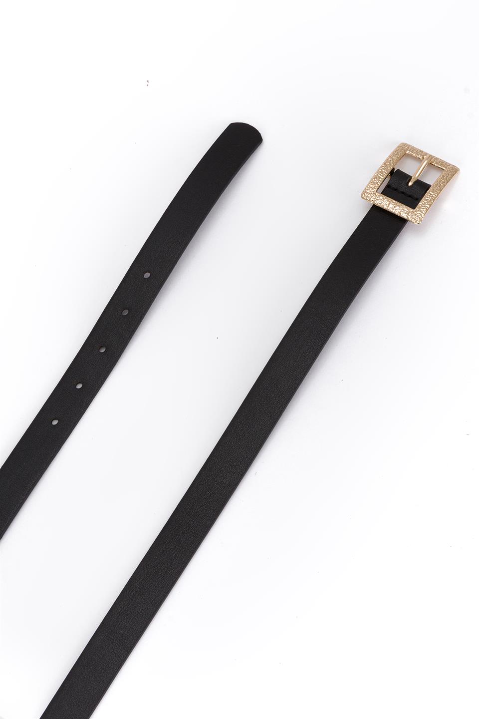 Tırtıklı Kare Toka İnce Kemer Siyah