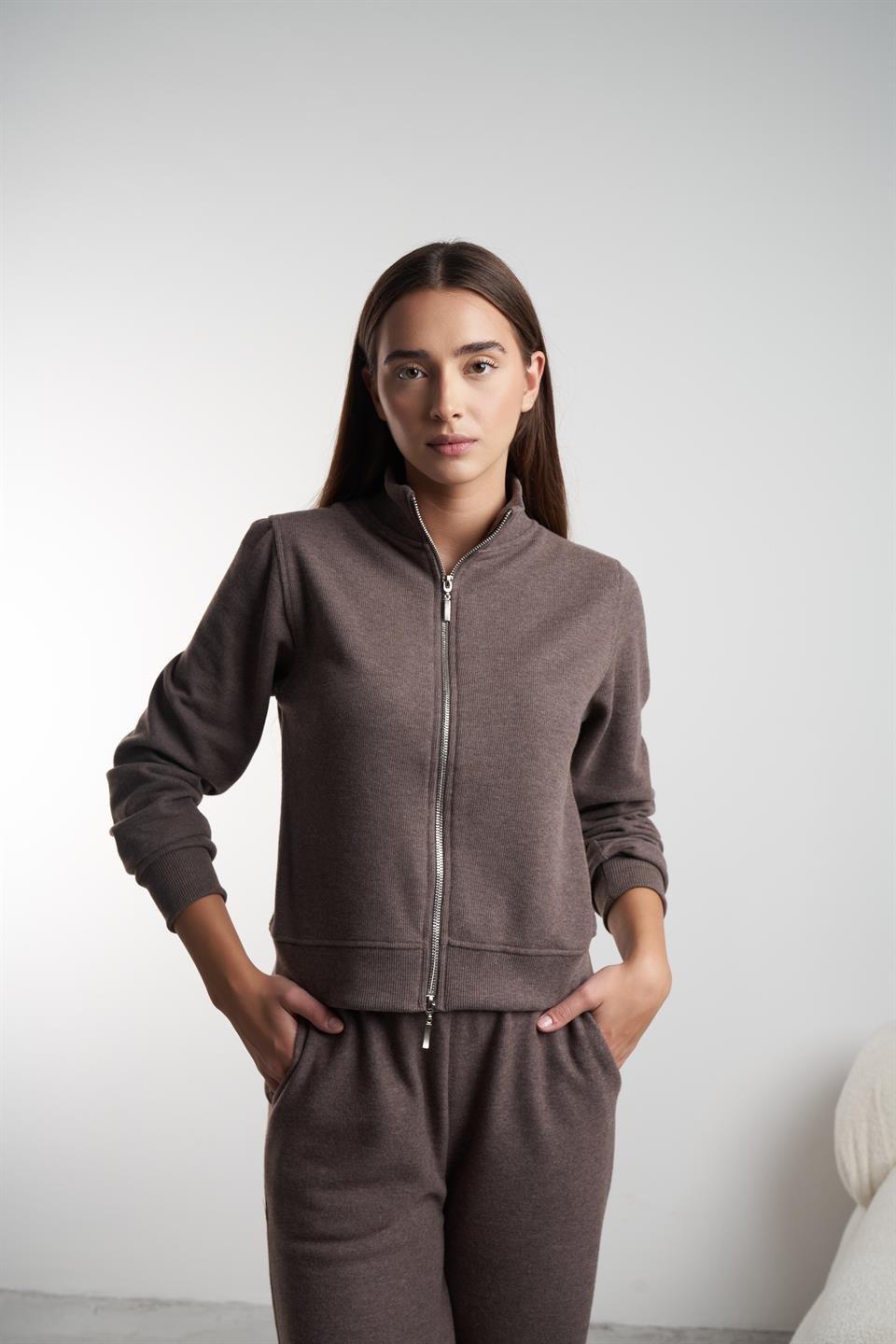 Triko Kısa Sweatshirt Ceket Kahvemelanj