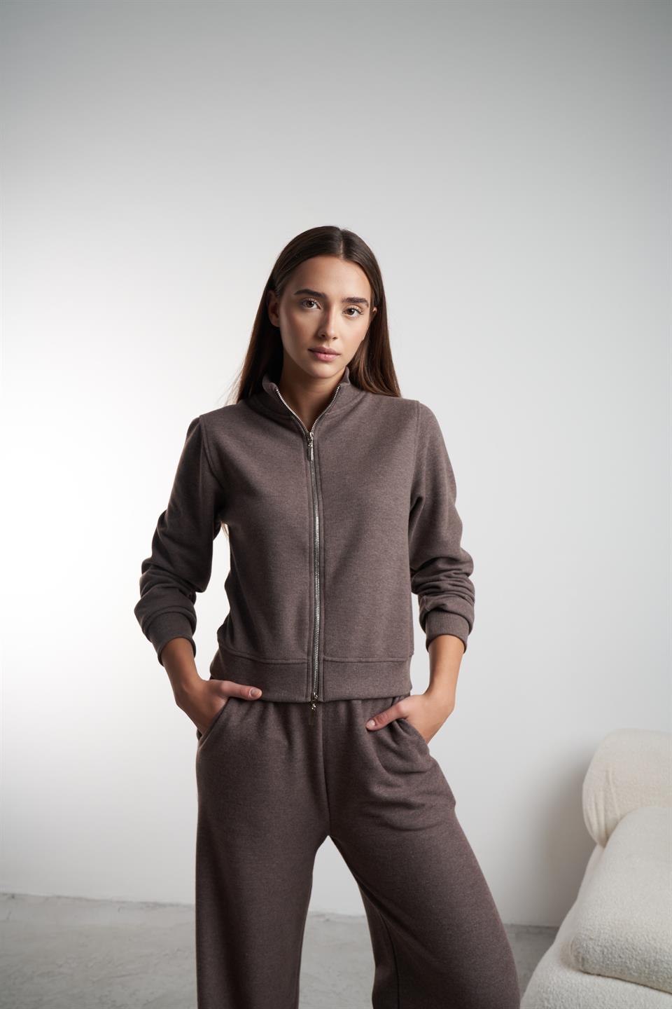 Triko Kısa Sweatshirt Ceket Kahvemelanj