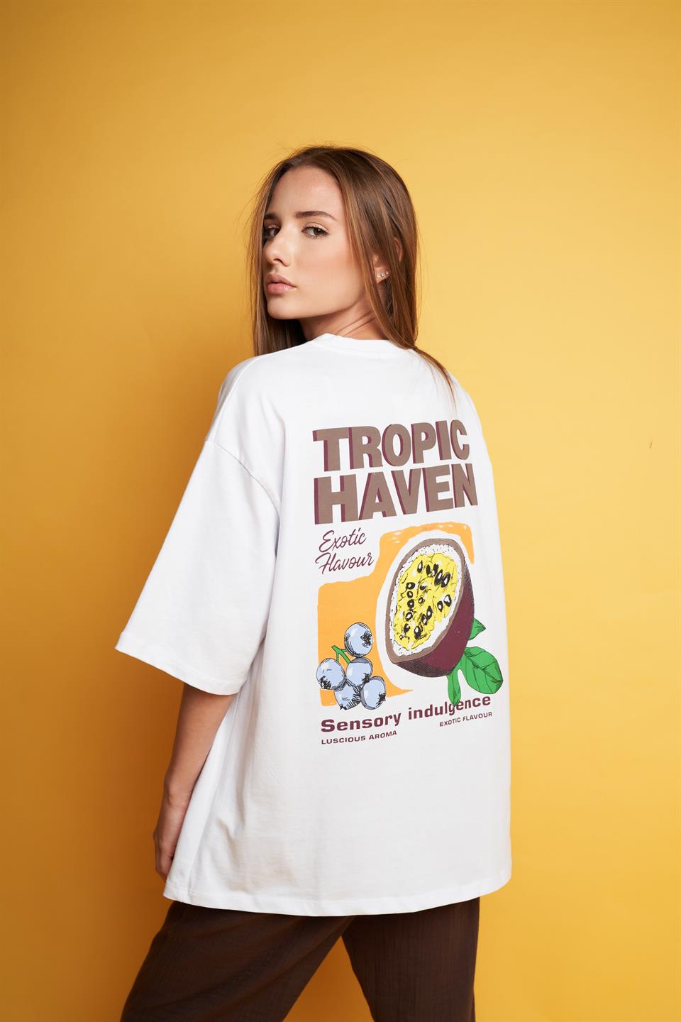 Tropic Haven Baskılı Oversize Kısa Kol T-shirt Beyaz