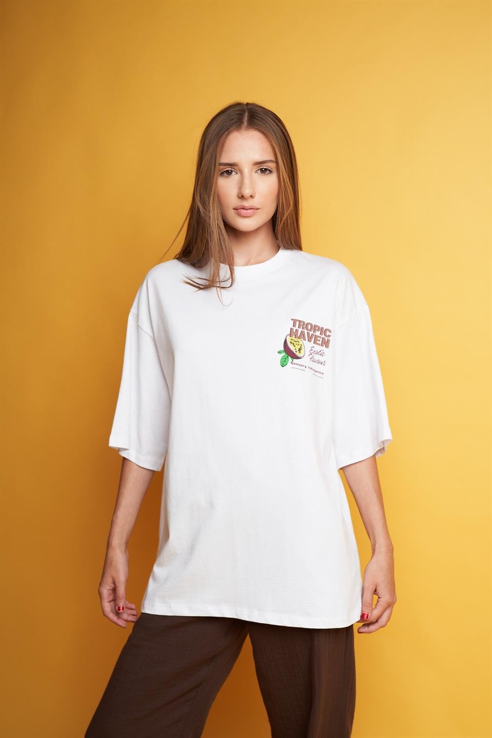 Tropic Haven Baskılı Oversize Kısa Kol T-shirt Beyaz