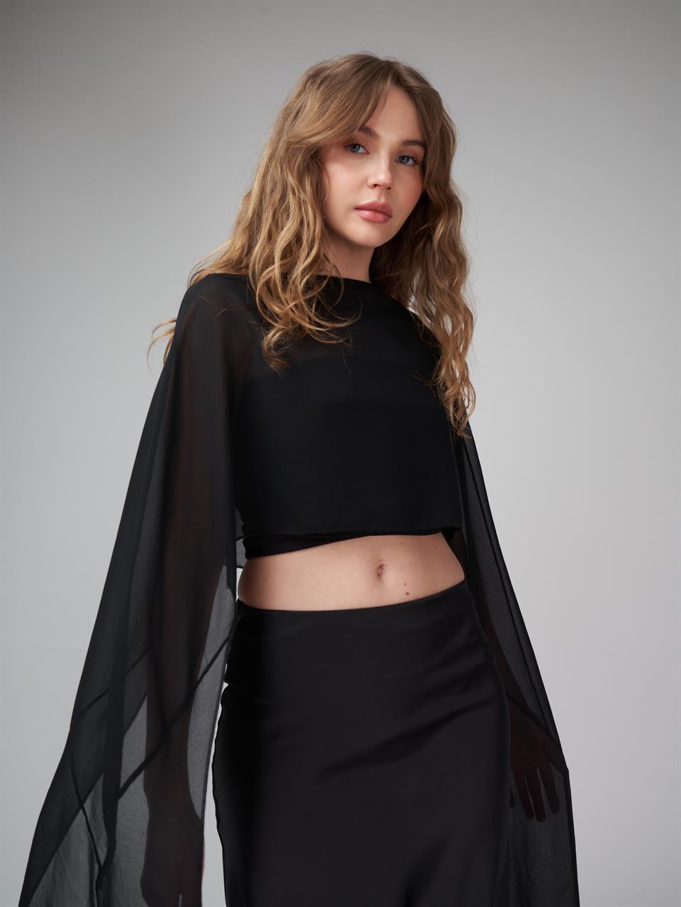 Uzun Kol Crop Tül Bluz Siyah