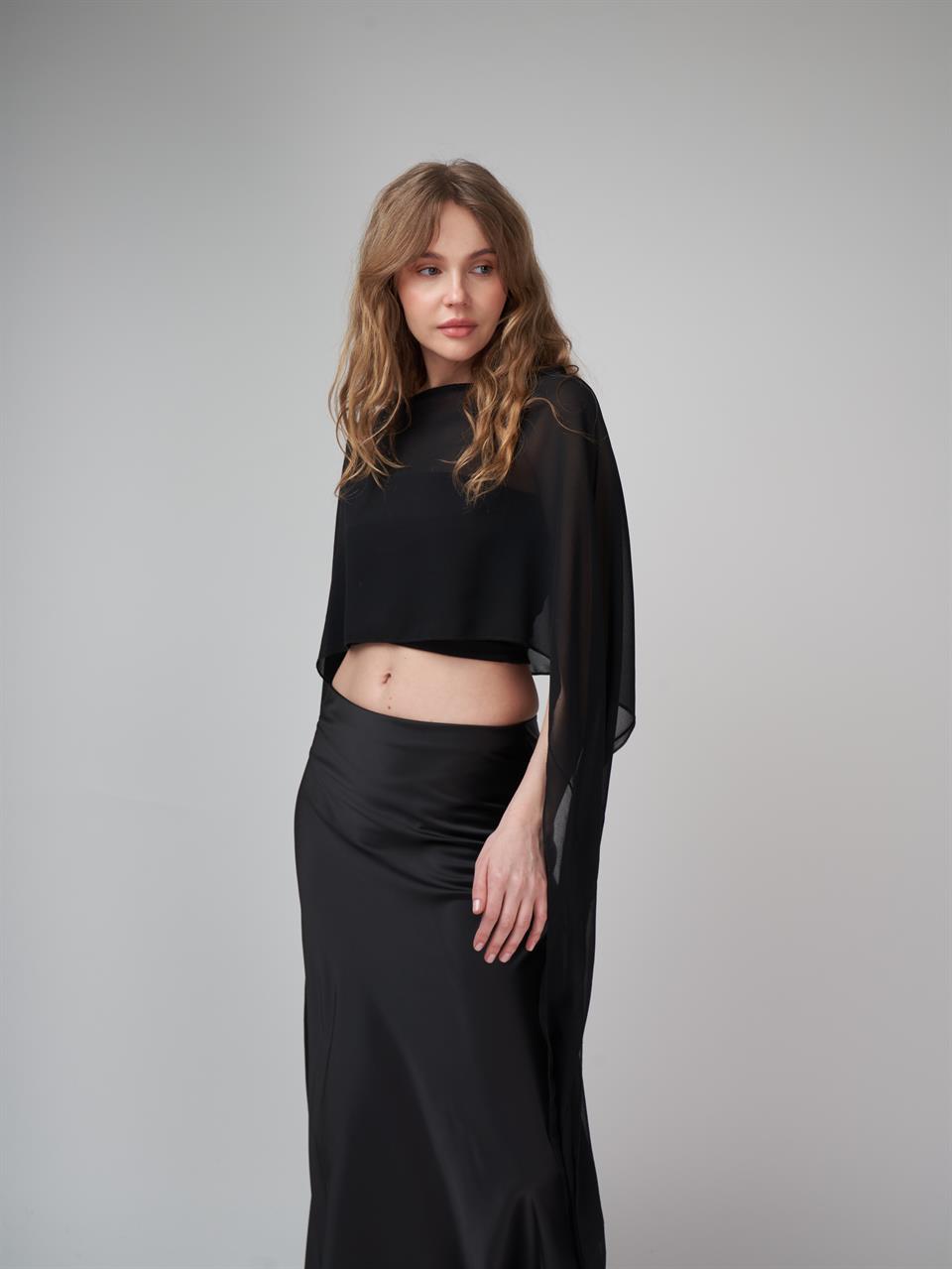 Uzun Kol Crop Tül Bluz Siyah