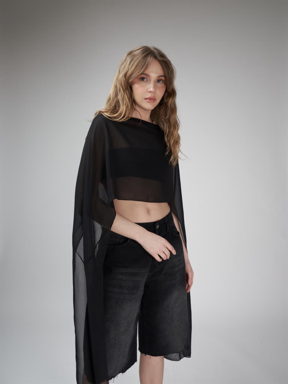 Uzun Kol Crop Tül Bluz Siyah