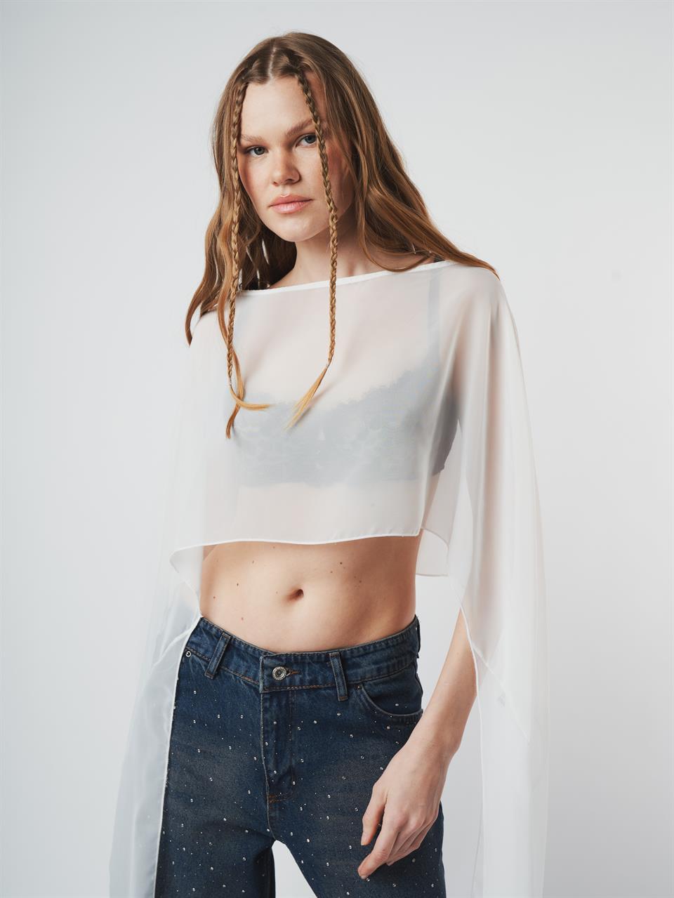 Uzun Kol Crop Tül Bluz Ekru