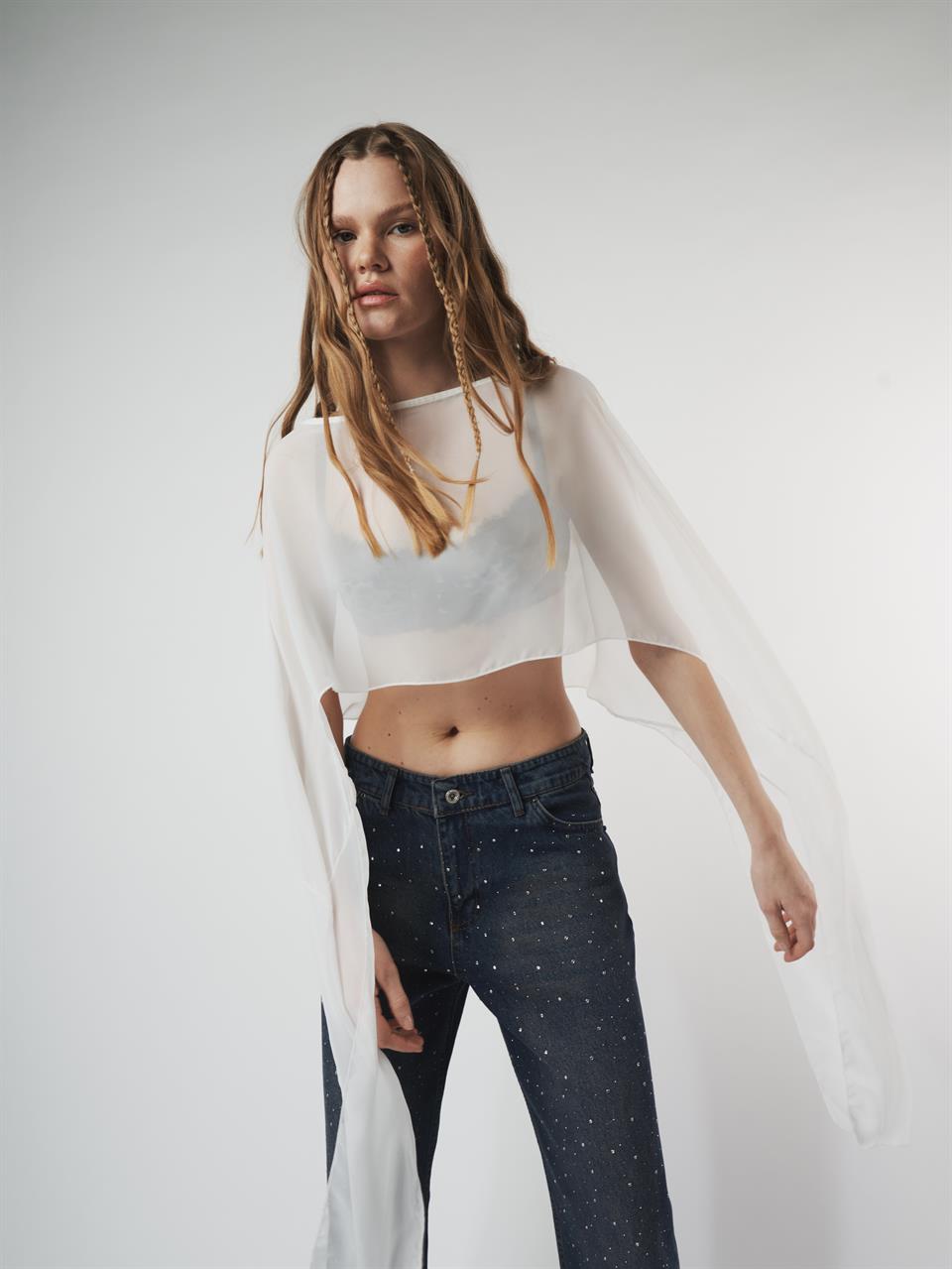 Uzun Kol Crop Tül Bluz Ekru