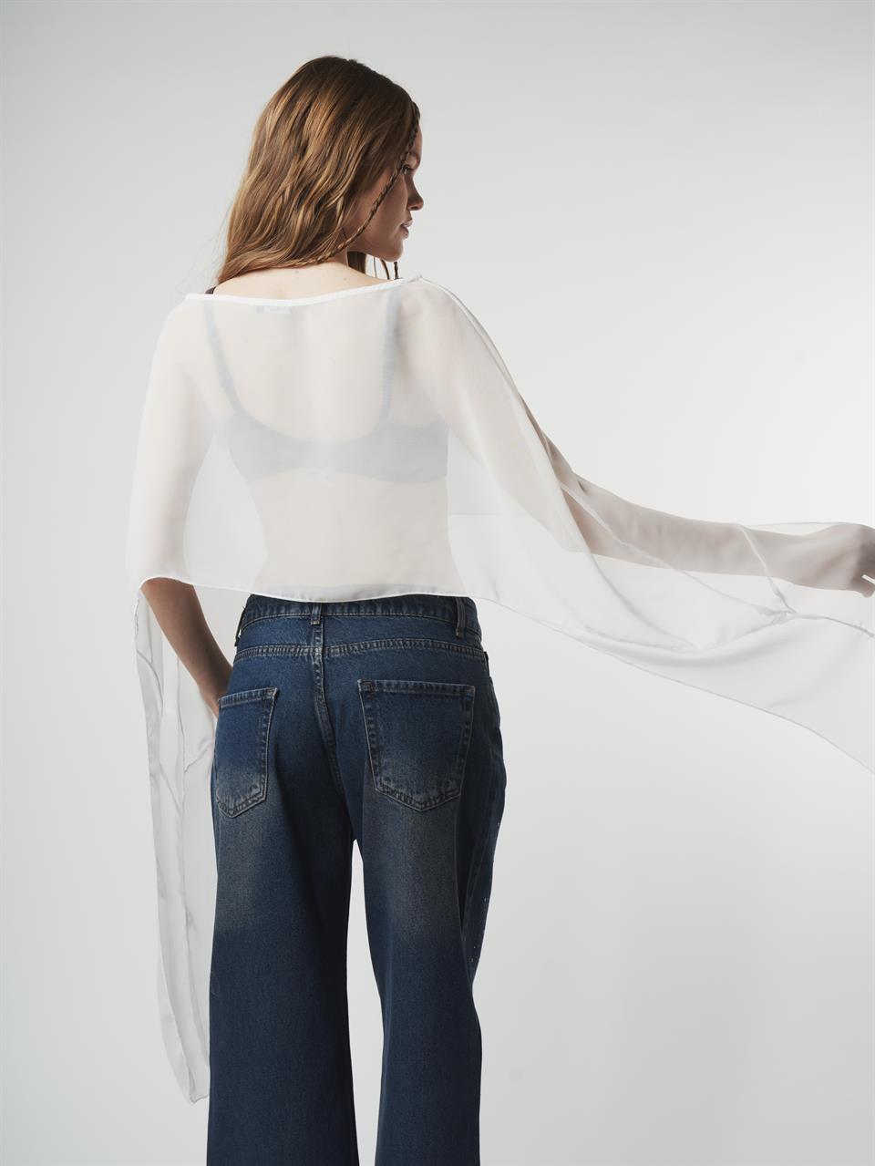 Uzun Kol Crop Tül Bluz Ekru