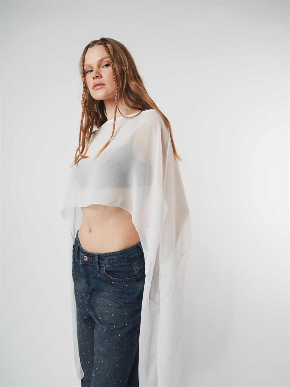 Uzun Kol Crop Tül Bluz Ekru