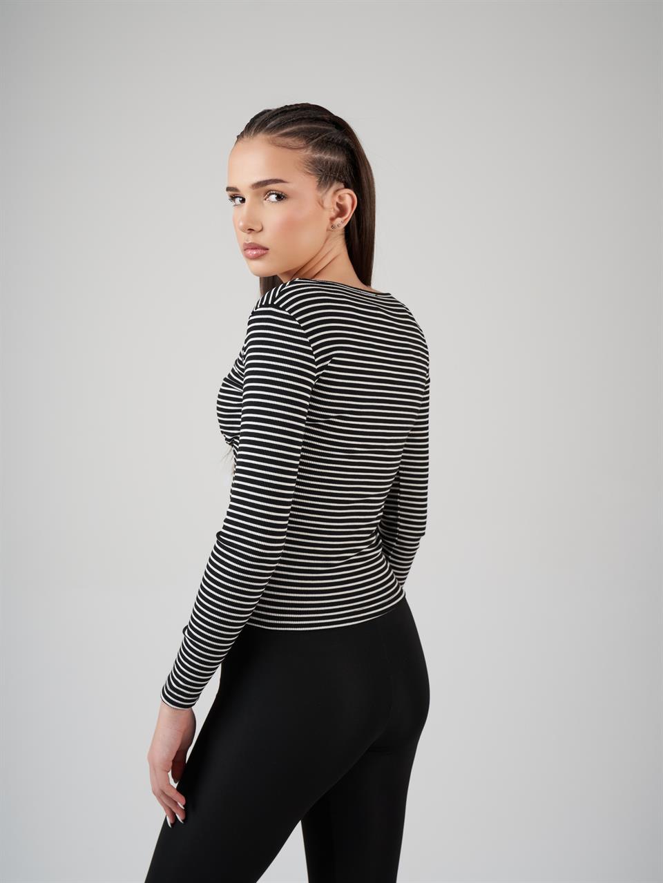 V Yaka Çizgili Uzun Kol Bluz Siyah-Beyaz