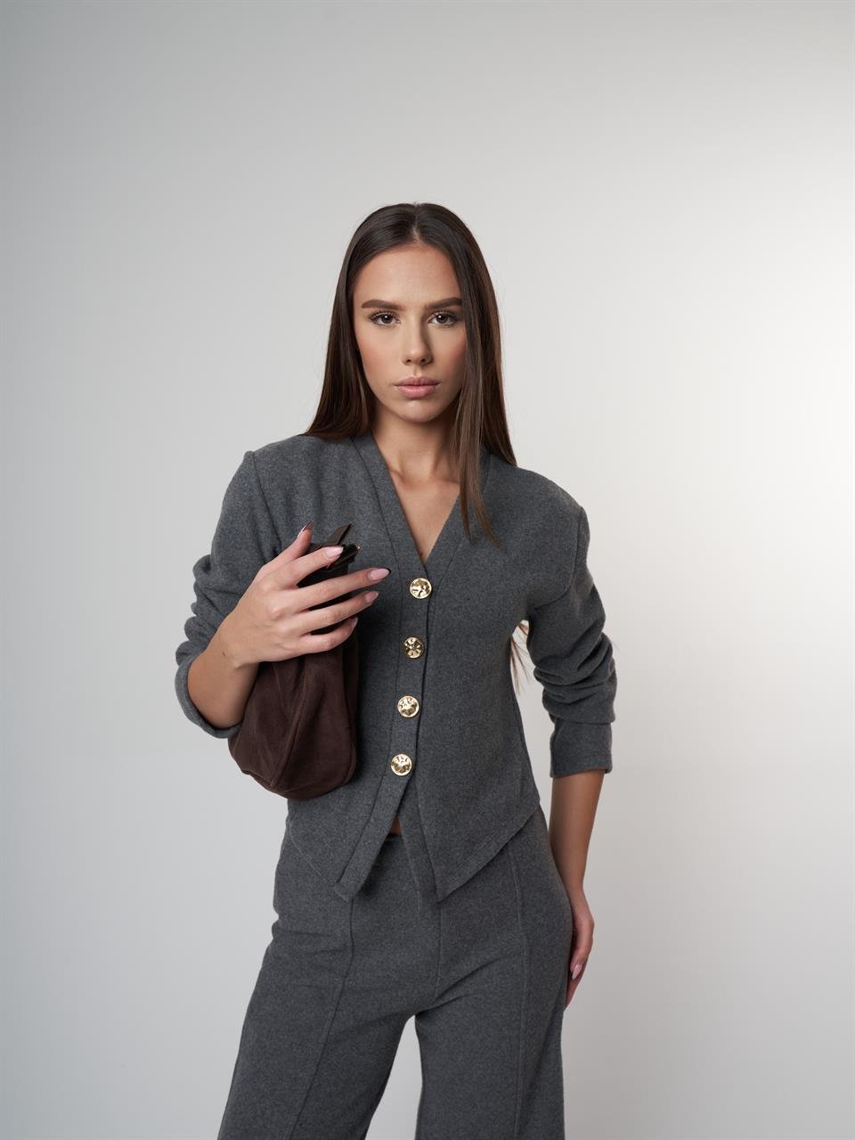 V Yaka Düğmeli Triko Kısa Hırka Antrasit Melanj