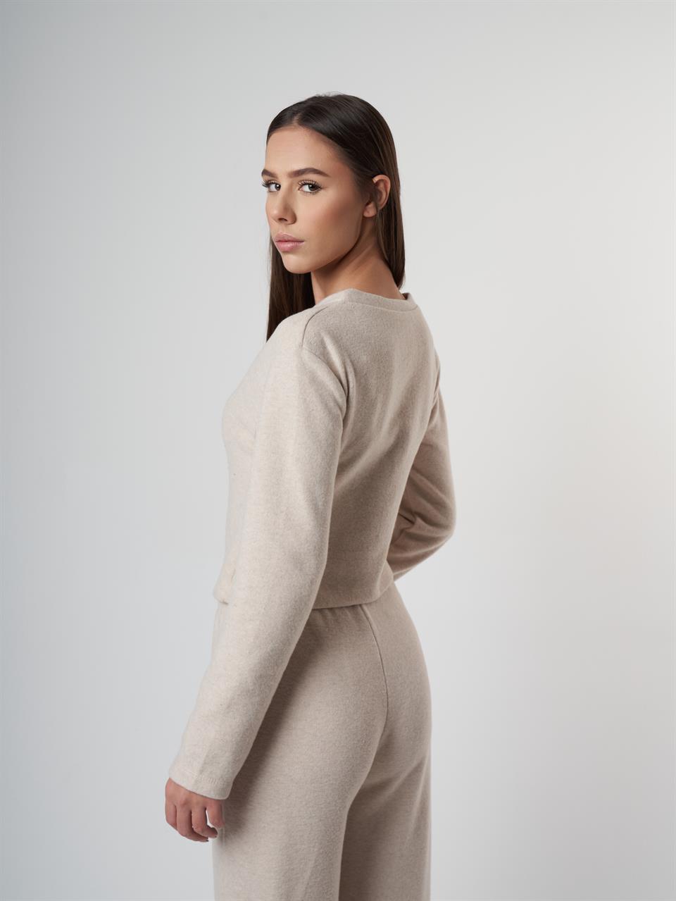 V Yaka Düğmeli Triko Kısa Hırka Taş Melanj