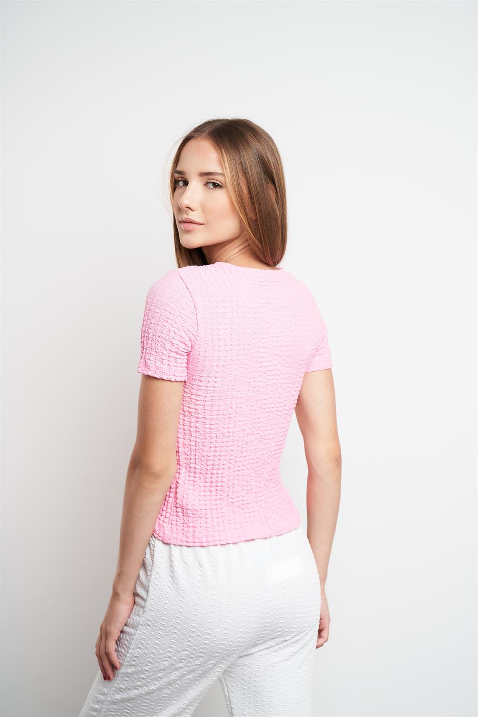 V Yaka Kısa Kol Bluz Pembe