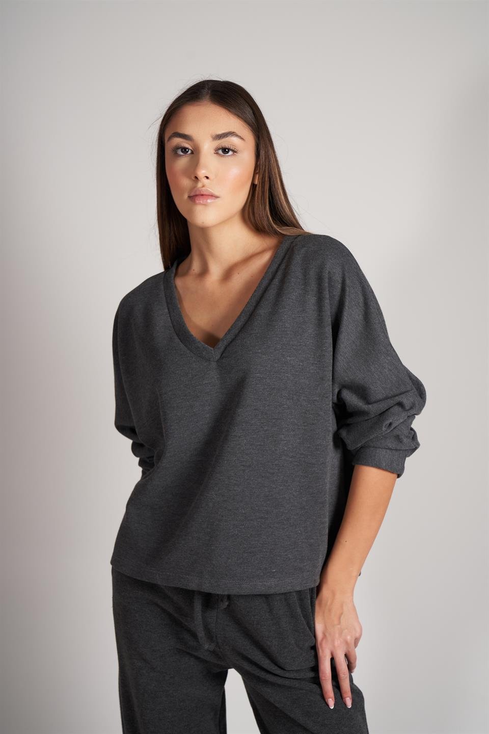 V Yaka Triko Uzun Kol Bluz Antrasit Melanj