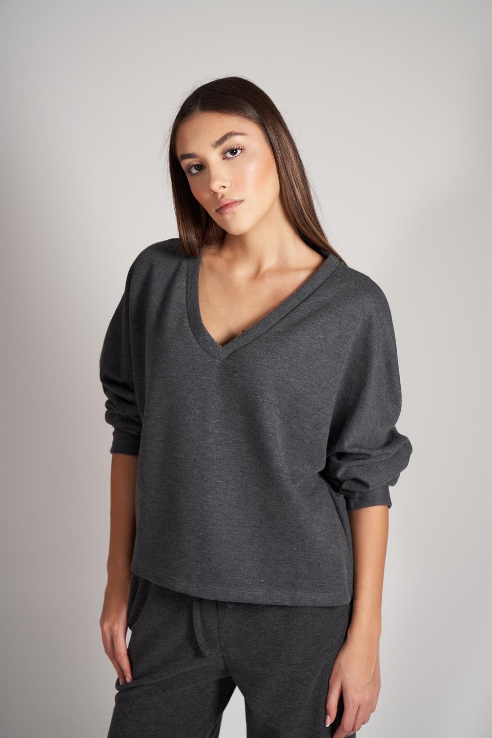 V Yaka Triko Uzun Kol Bluz Antrasit Melanj