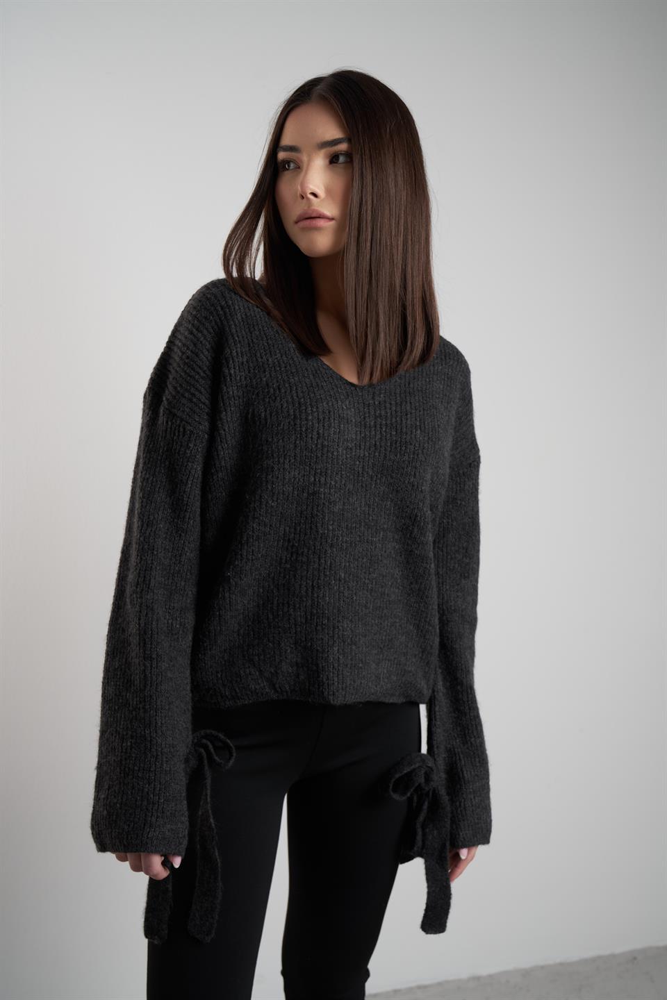 V Yaka Uzun Kol Triko Kazak Antrasit