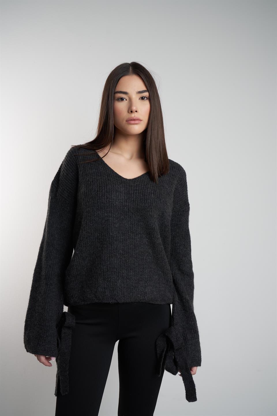 V Yaka Uzun Kol Triko Kazak Antrasit