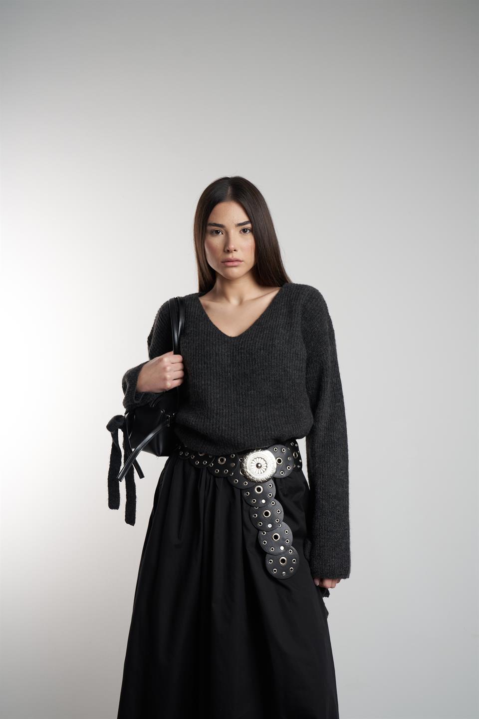 V Yaka Uzun Kol Triko Kazak Antrasit