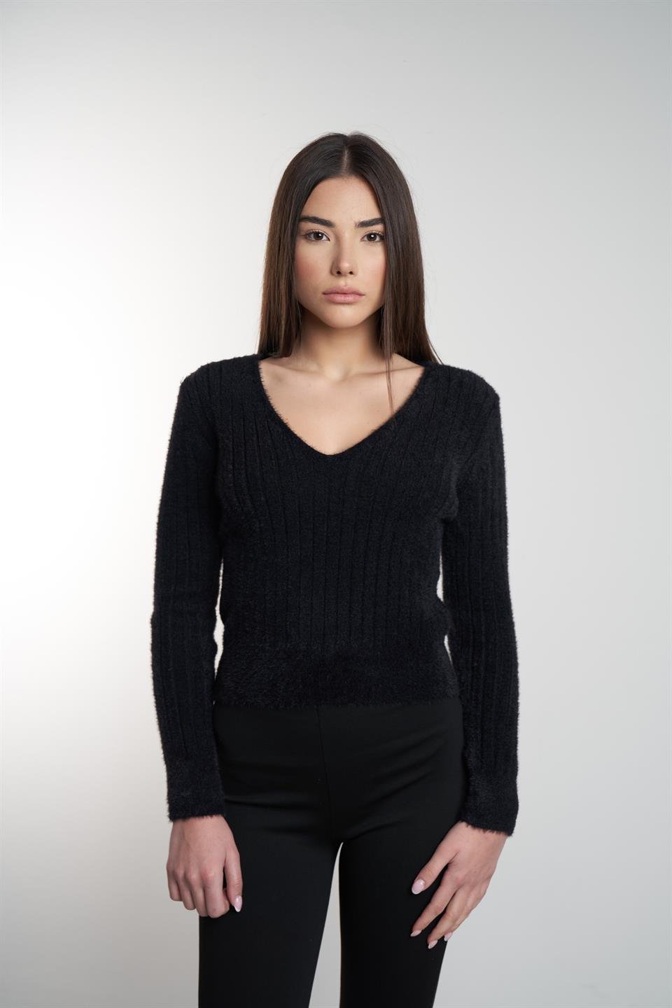 V Yaka Uzun Kol Triko Kazak Siyah