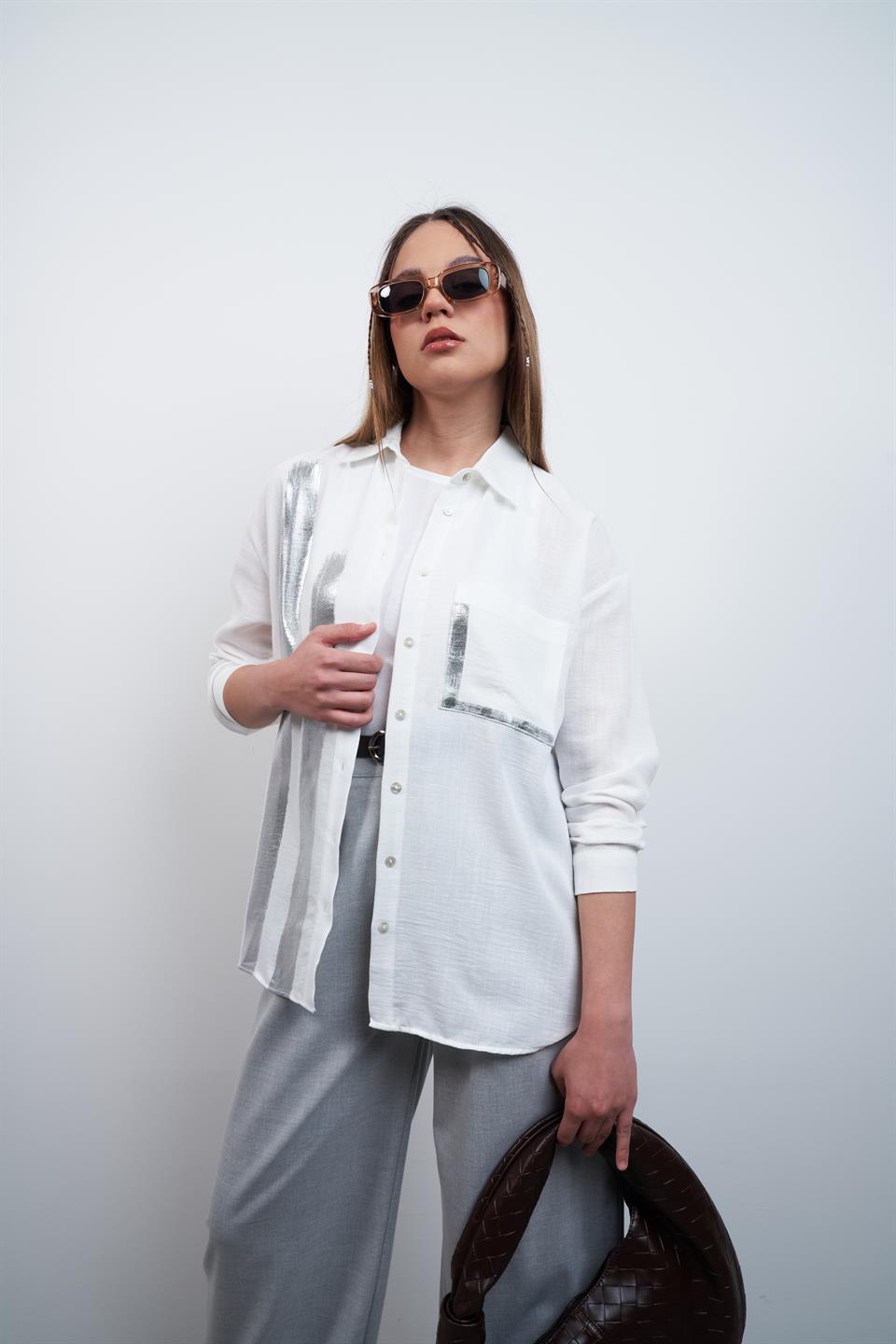 Varak Baskı Detaylı Keten Gömlek Ekru