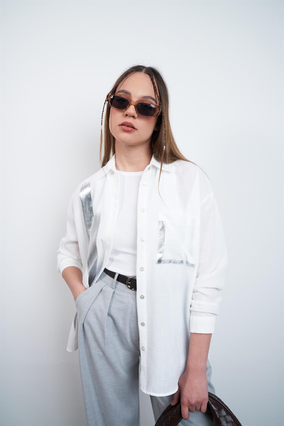 Varak Baskı Detaylı Keten Gömlek Ekru