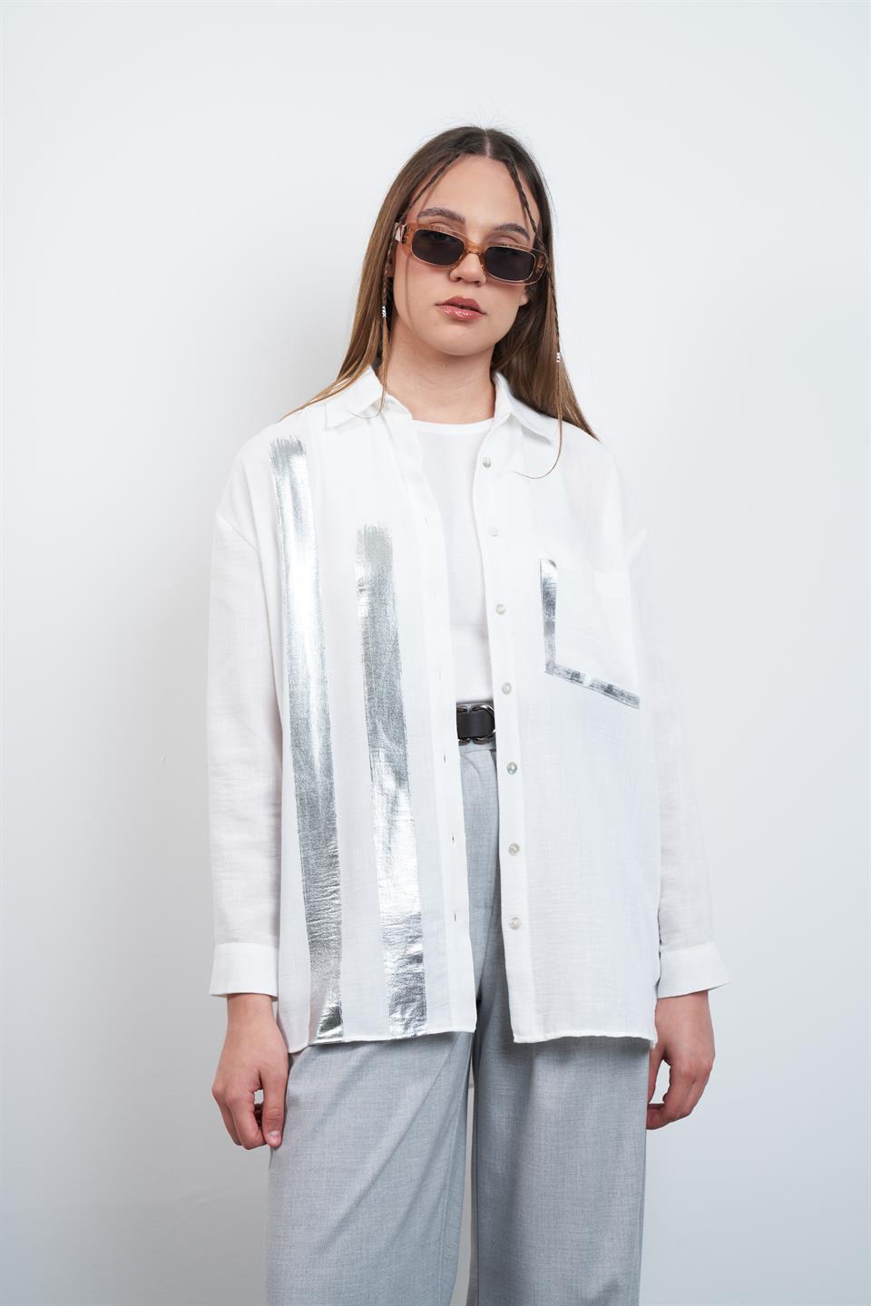 Varak Baskı Detaylı Keten Gömlek Ekru