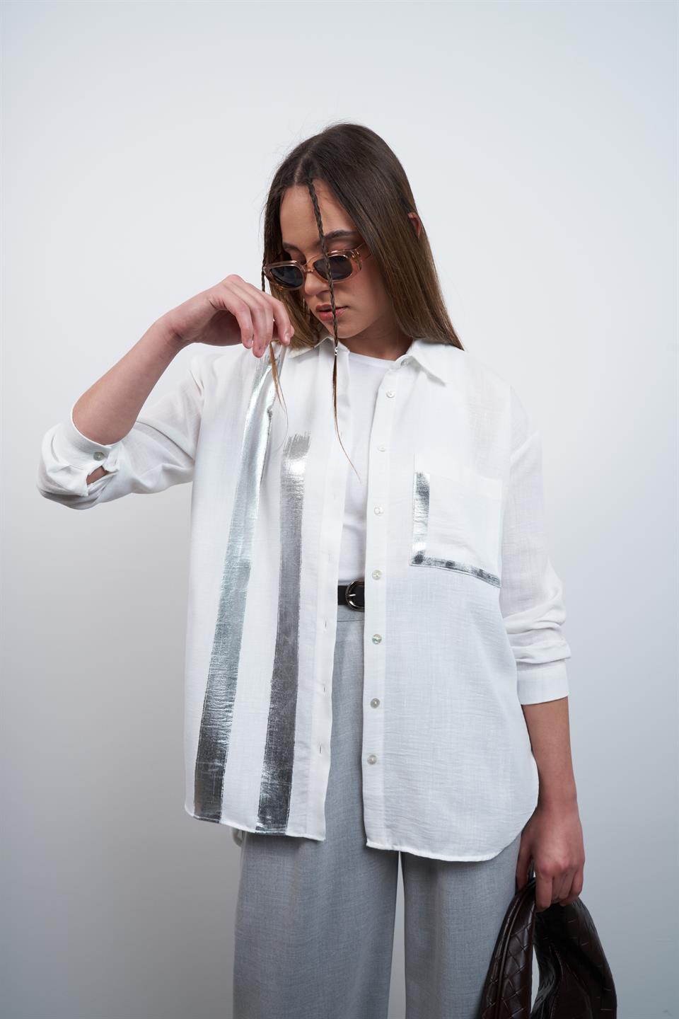 Varak Baskı Detaylı Keten Gömlek Ekru