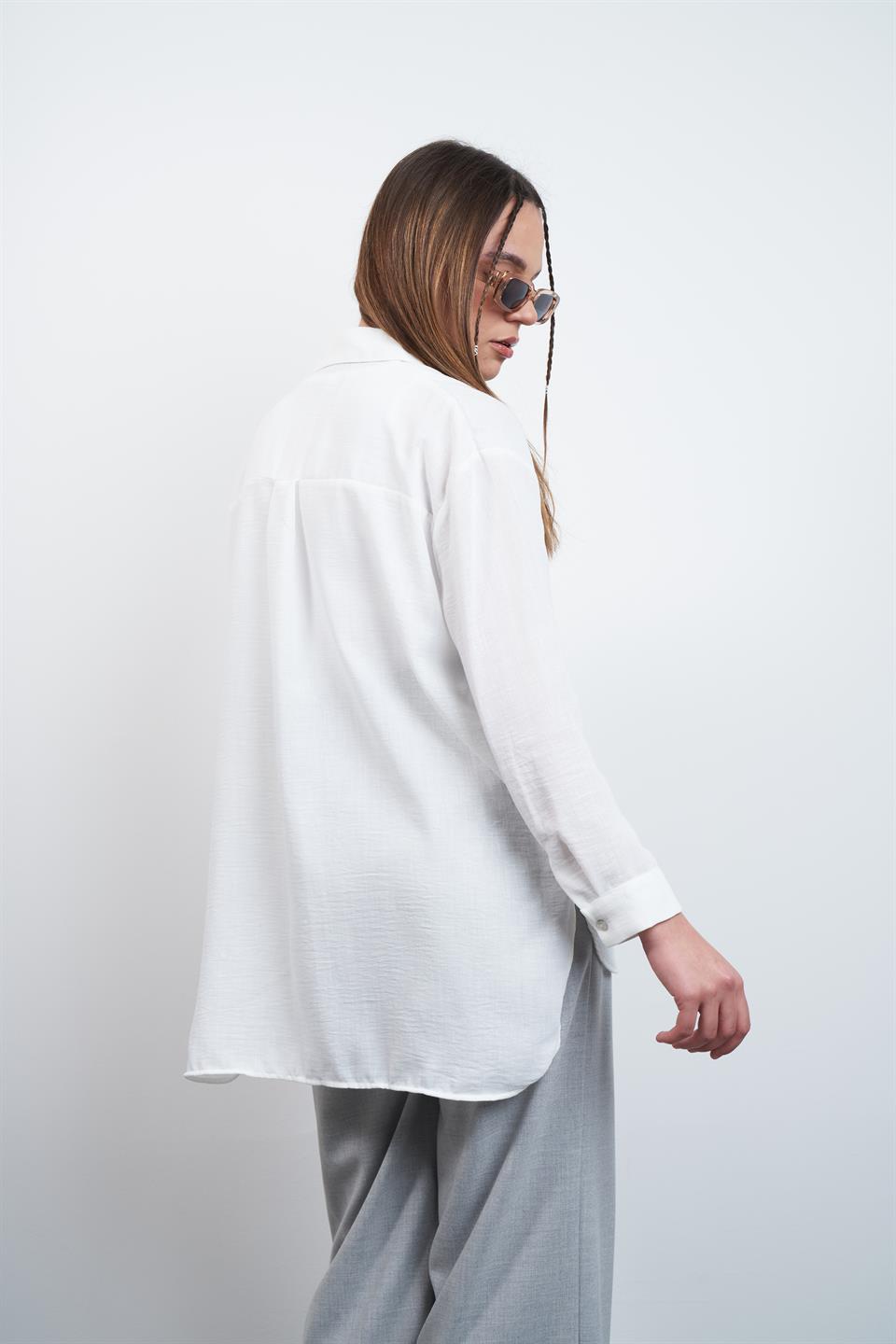 Varak Baskı Detaylı Keten Gömlek Ekru