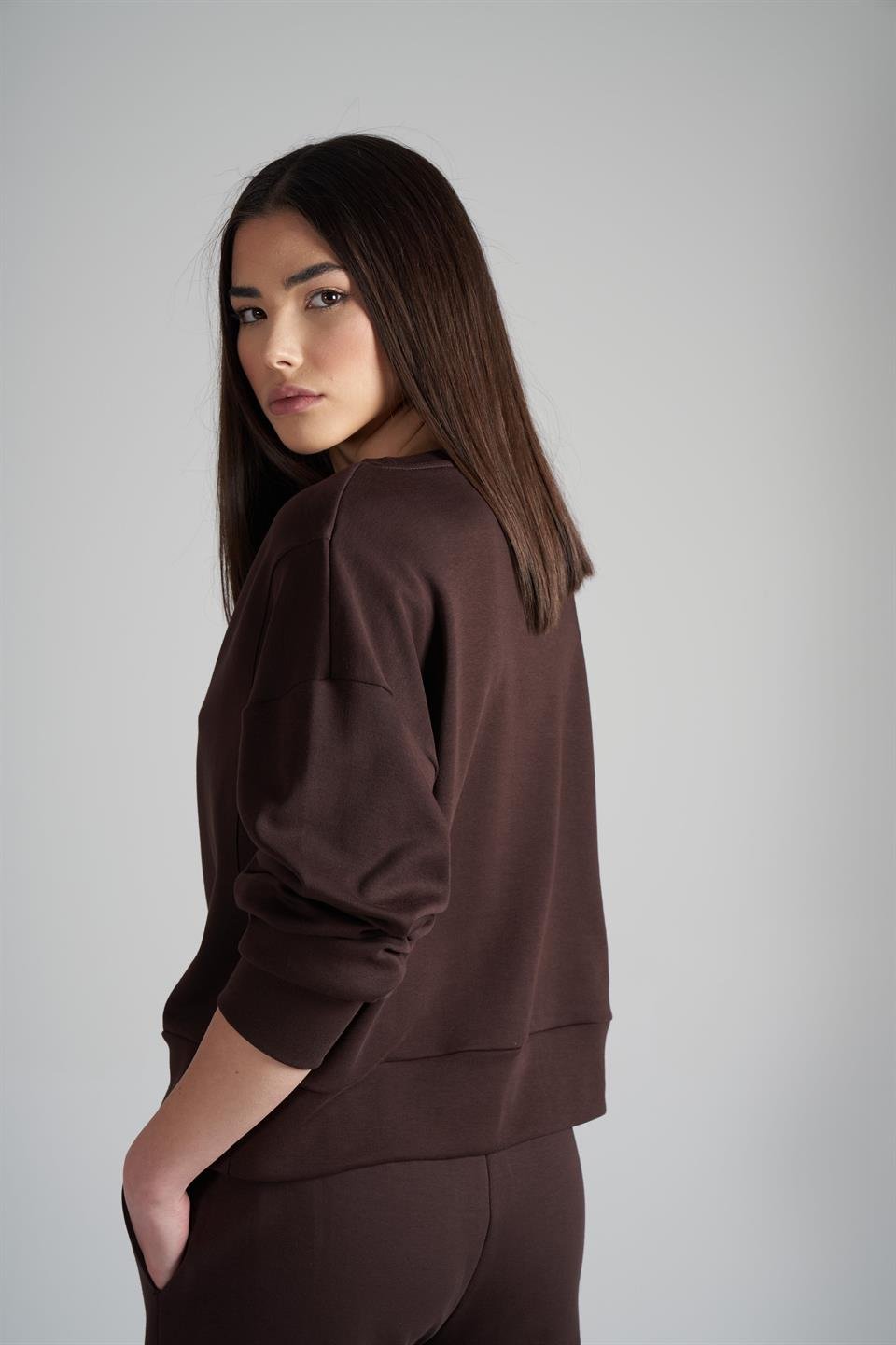 Yakalı Düşük Omuz İnterlok Sweatshirt Acı Kahve