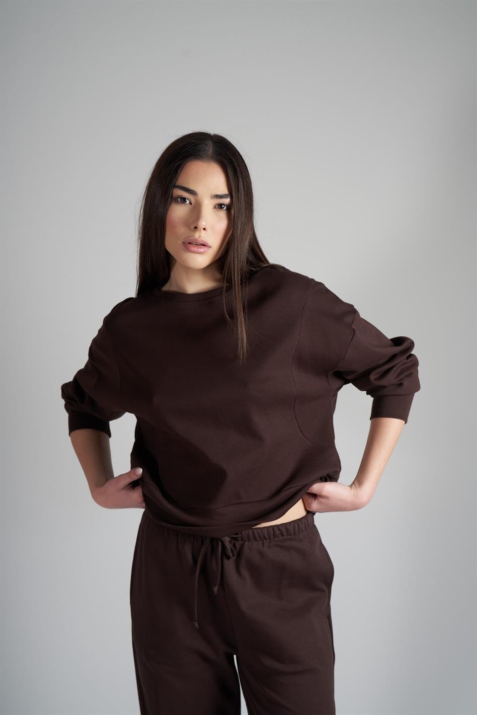 Yakalı Düşük Omuz İnterlok Sweatshirt Acı Kahve