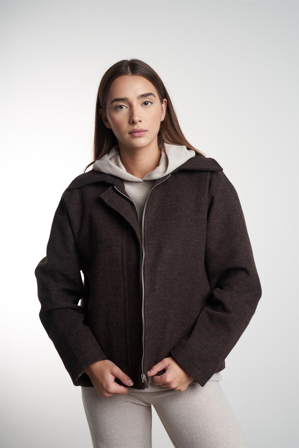 Yakalı Kaşe Ceket Acı Kahve