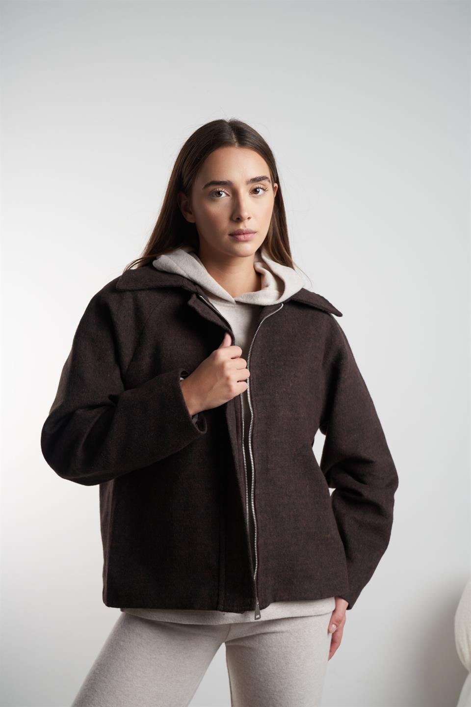 Yakalı Kaşe Ceket Acı Kahve