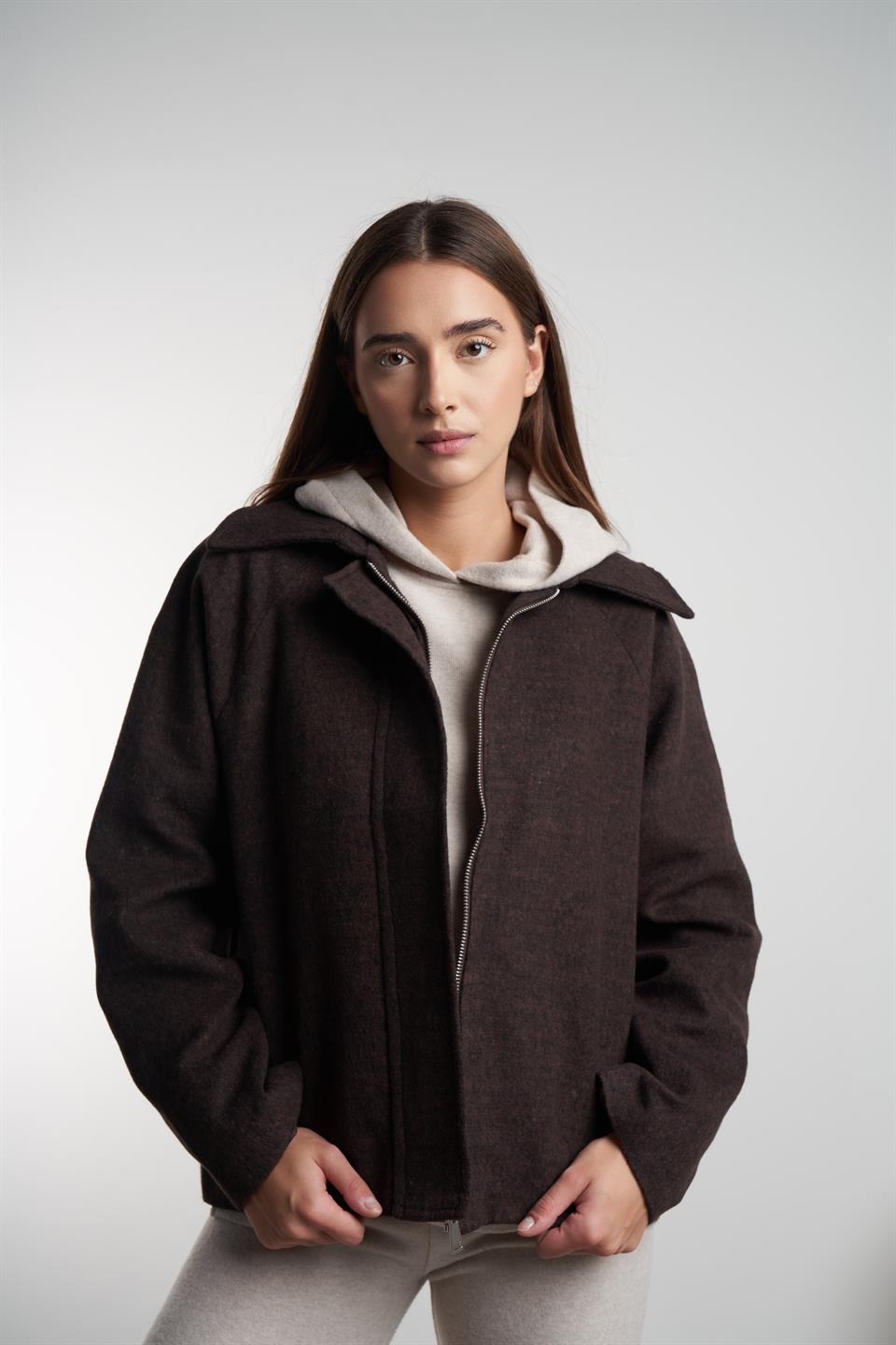 Yakalı Kaşe Ceket Acı Kahve