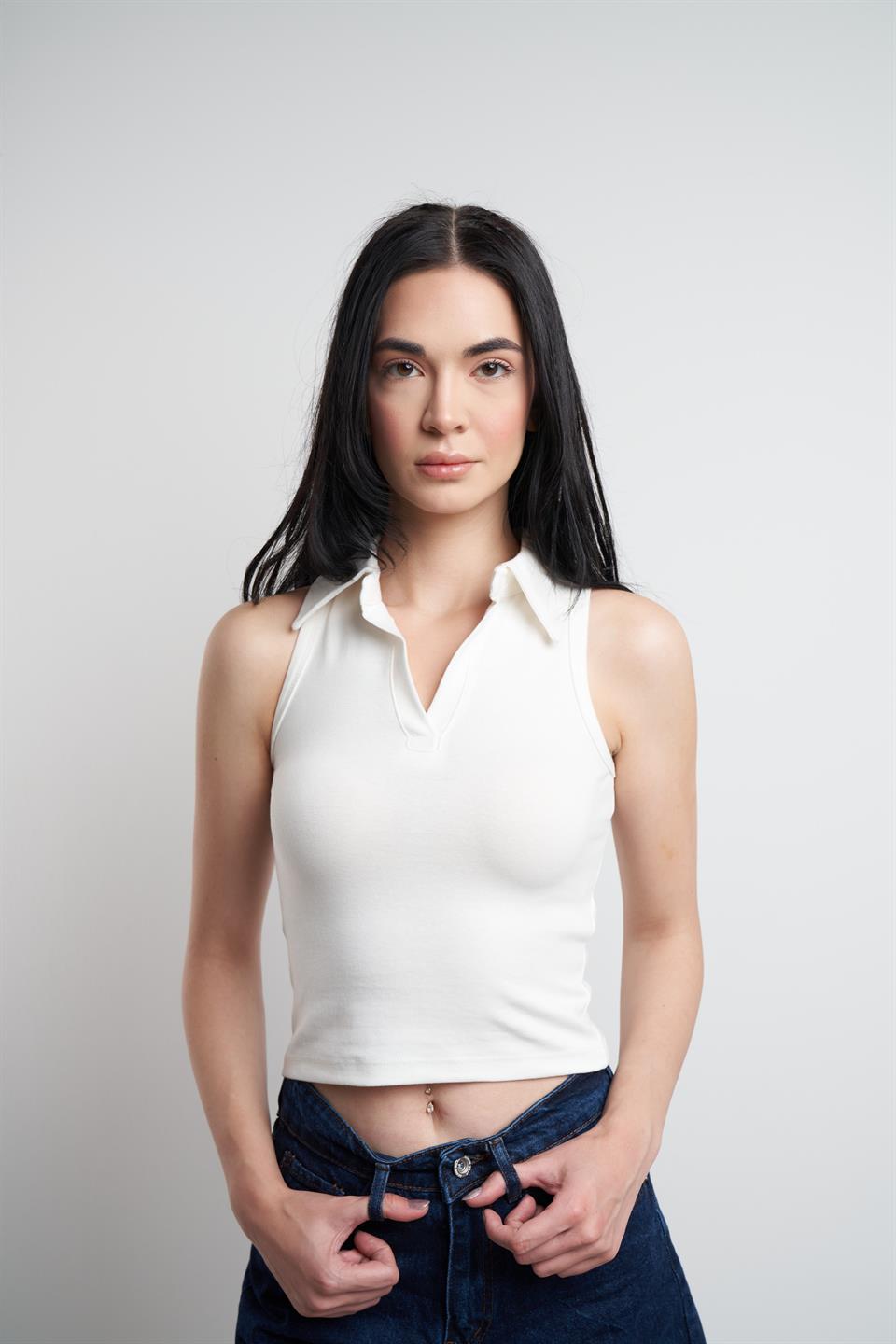 Yakalı Sıfır Kol Ribana Bluz Ekru