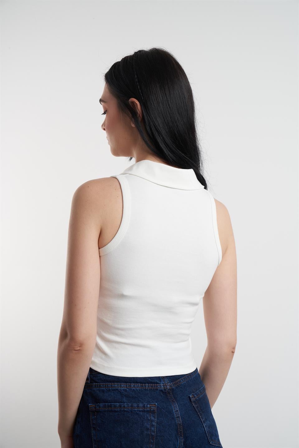 Yakalı Sıfır Kol Ribana Bluz Ekru