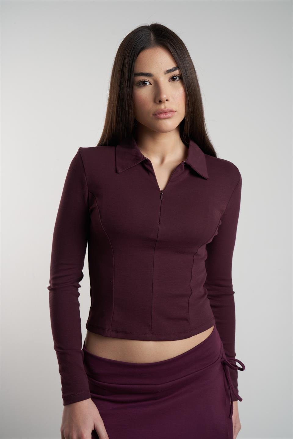 Yakalı Uzun Kol Bluz Mürdüm