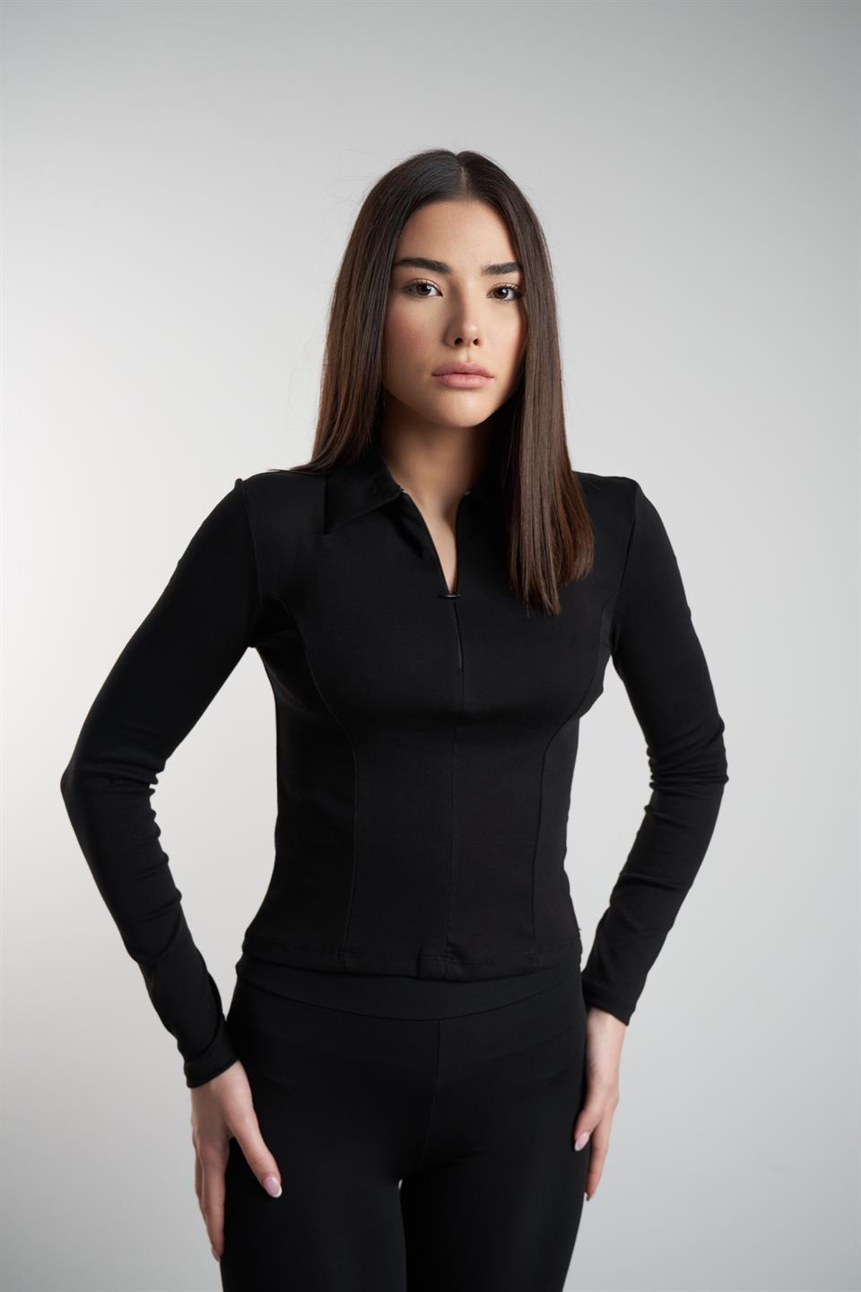 Yakalı Uzun Kol Bluz Siyah