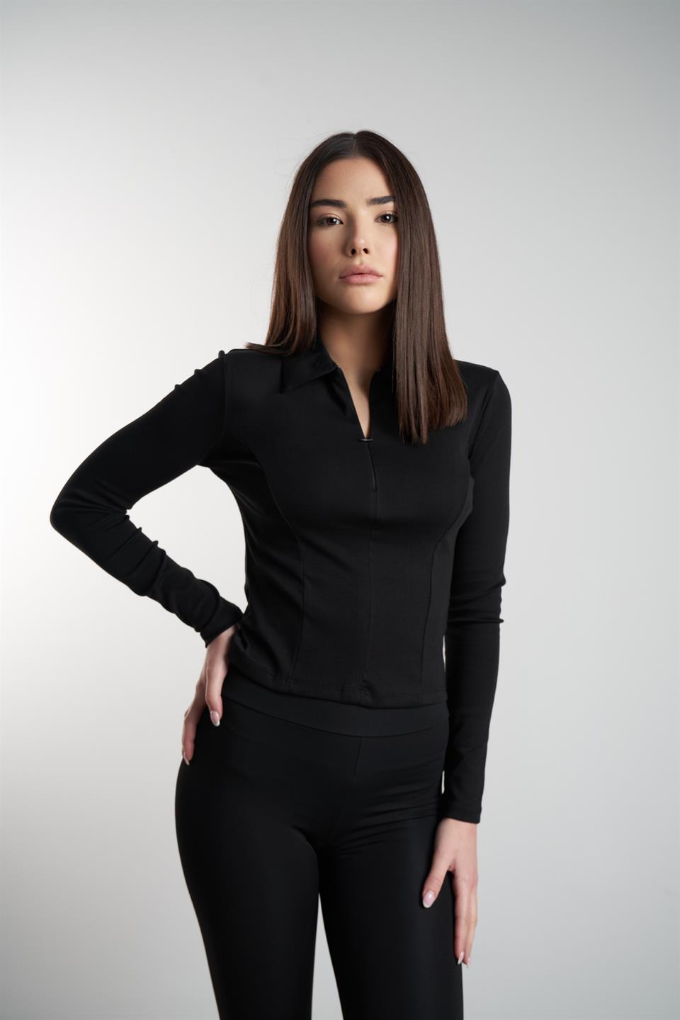 Yakalı Uzun Kol Bluz Siyah