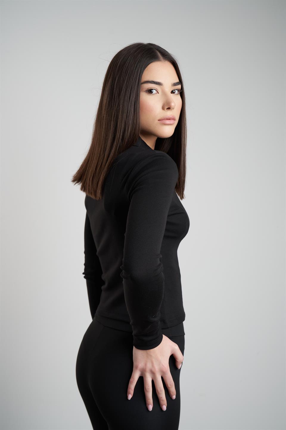 Yakalı Uzun Kol Bluz Siyah