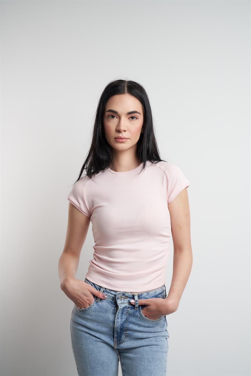 Yanlar Büzgülü Sıfır Kol Bluz Toz Pembe