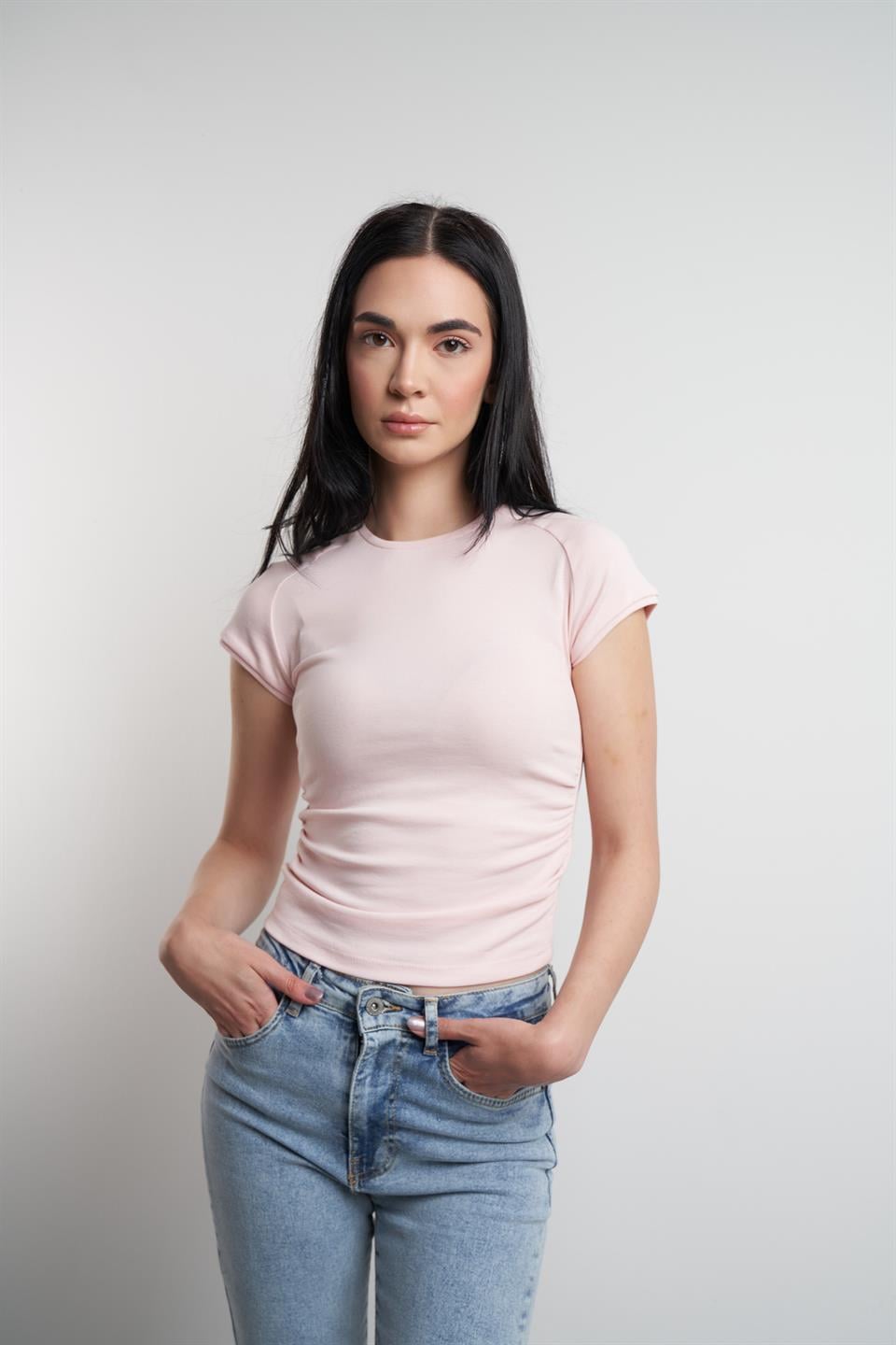 Yanlar Büzgülü Sıfır Kol Bluz Toz Pembe