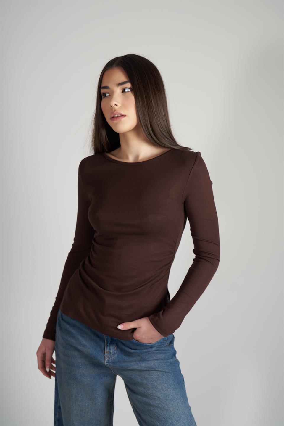 Yanlar Büzgülü Uzun Kol Bluz Kahve