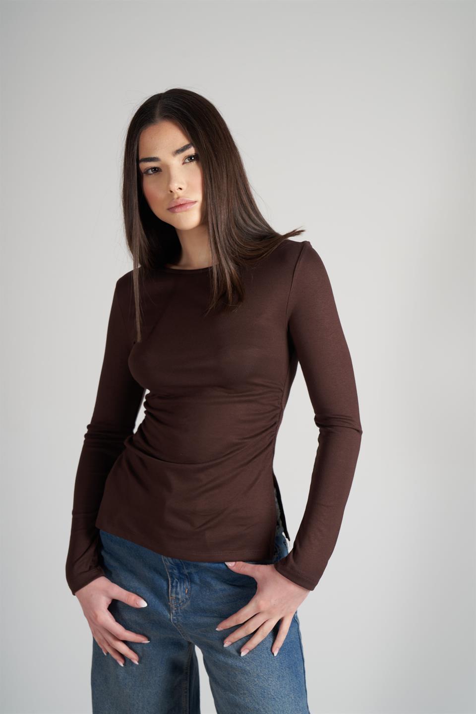 Yanlar Büzgülü Uzun Kol Bluz Kahve