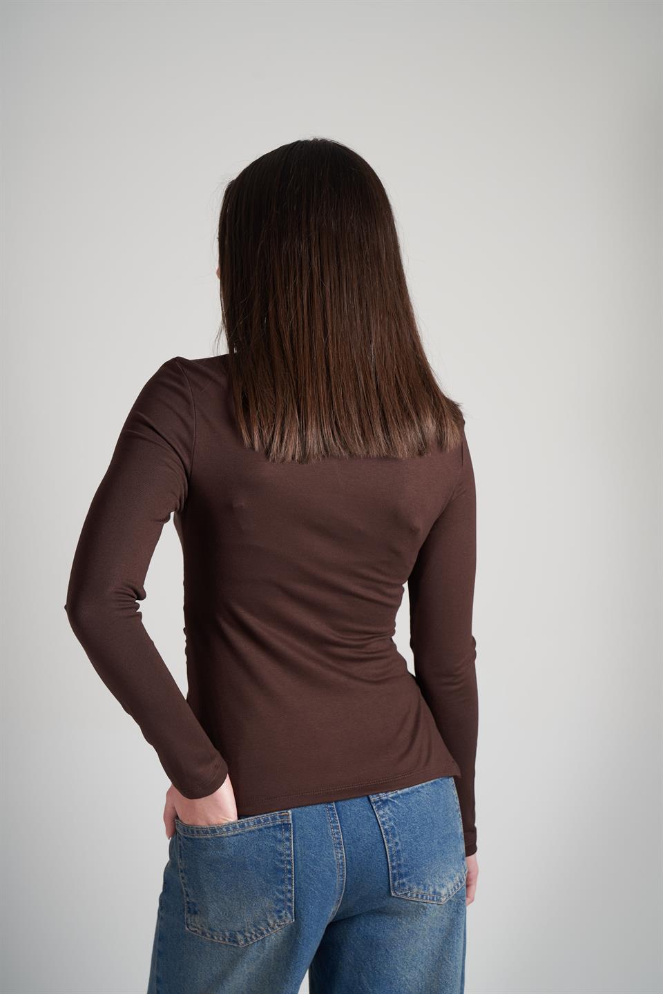 Yanlar Büzgülü Uzun Kol Bluz Kahve