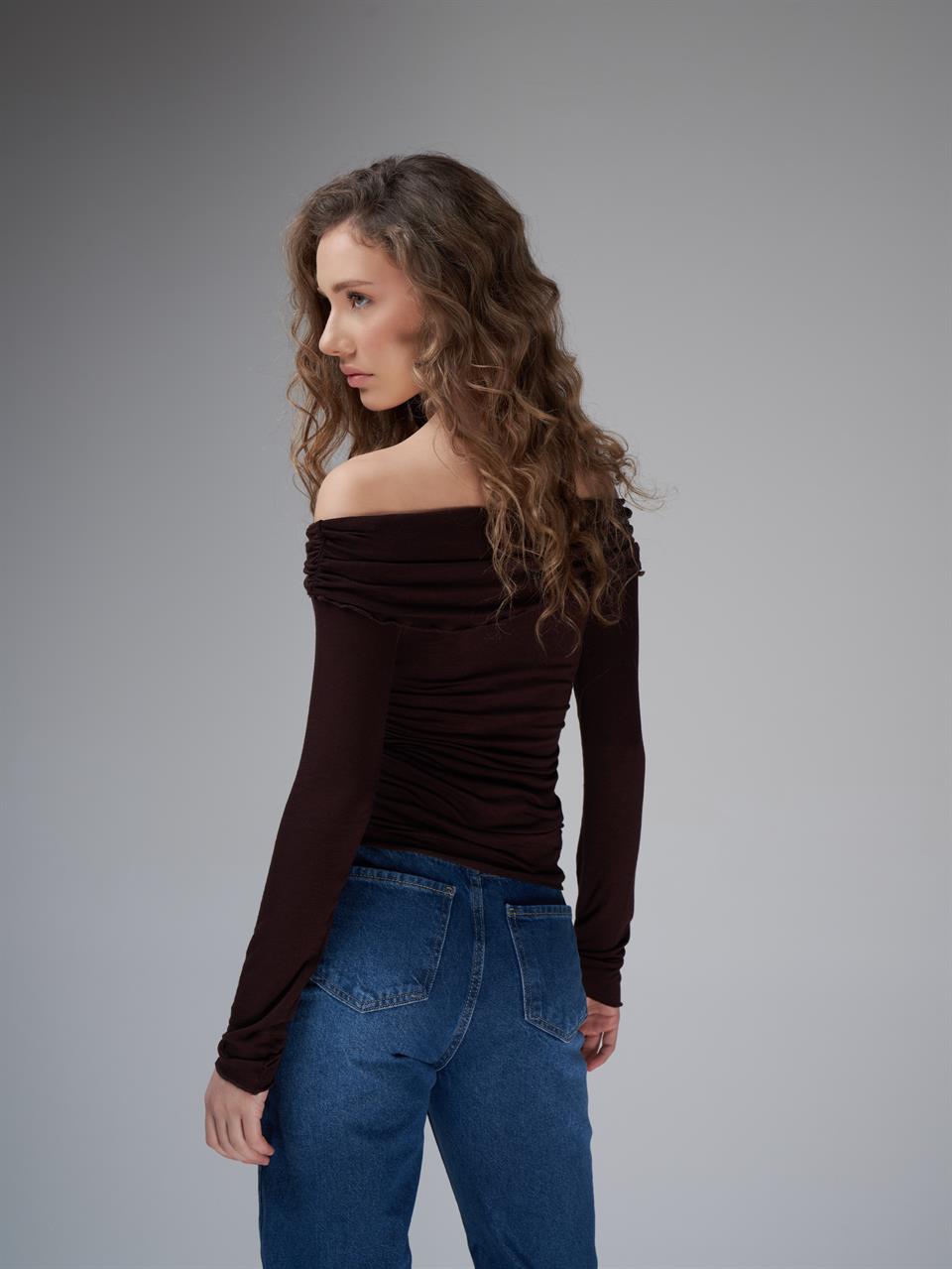 Yanlar Büzgülü Uzun Kol Kaşmir Bluz Kahve