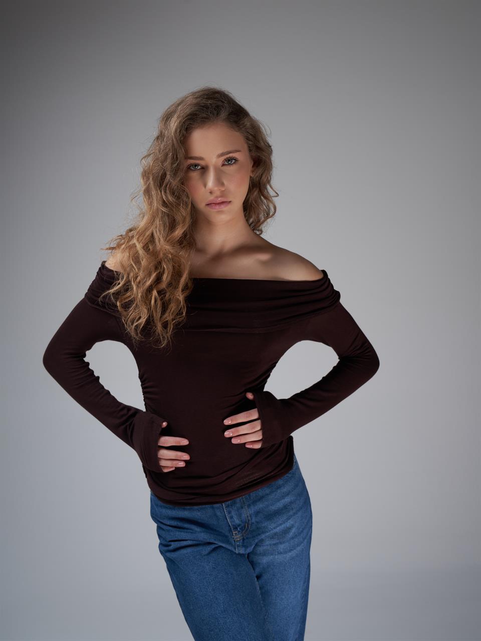 Yanlar Büzgülü Uzun Kol Kaşmir Bluz Kahve