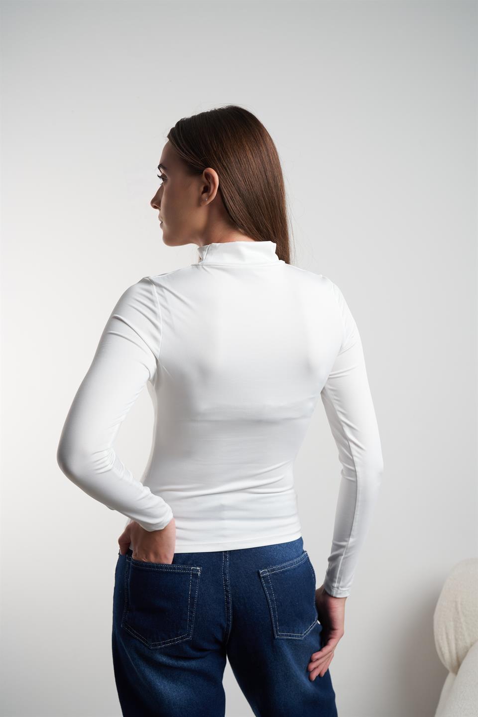Yarım Balıkçı Basic Uzun Kol Bluz Ekru