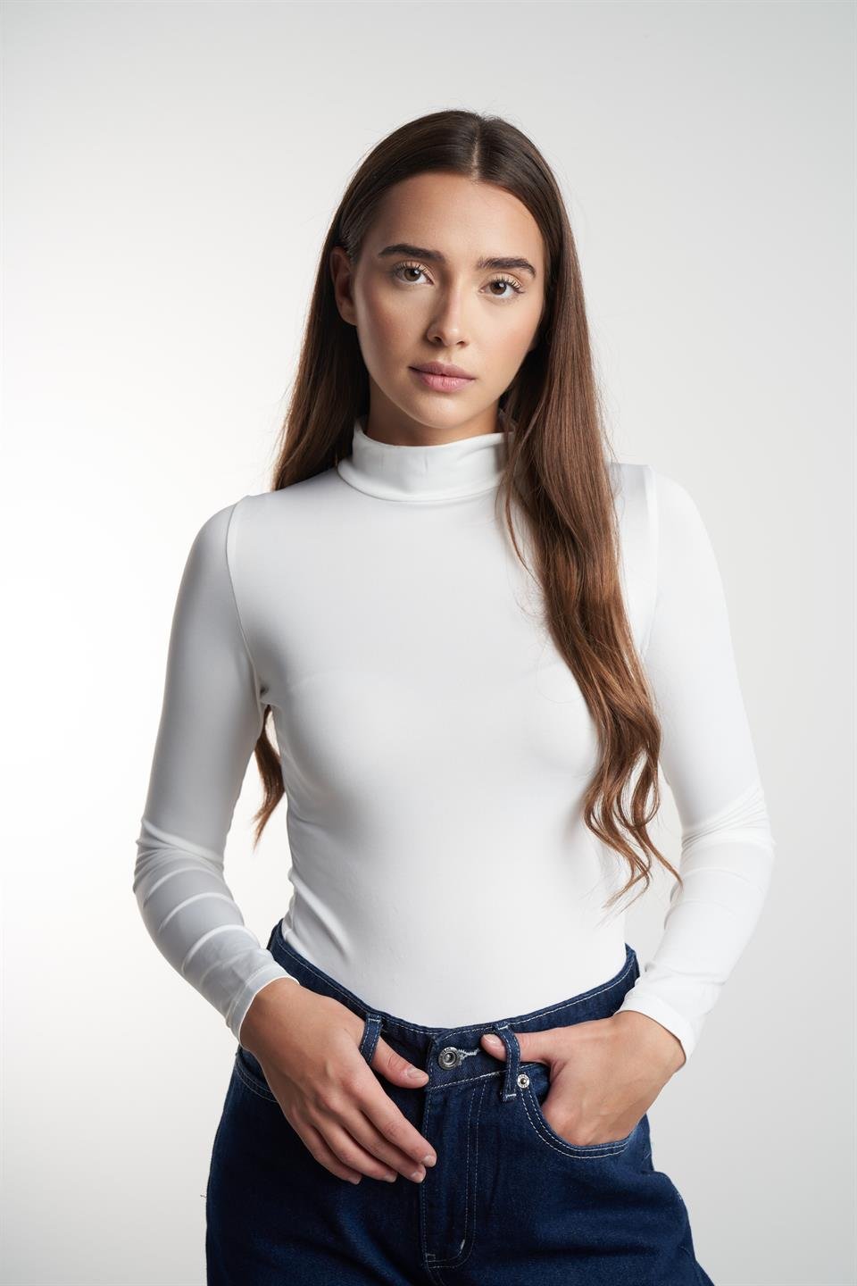 Yarım Balıkçı Basic Uzun Kol Bluz Ekru